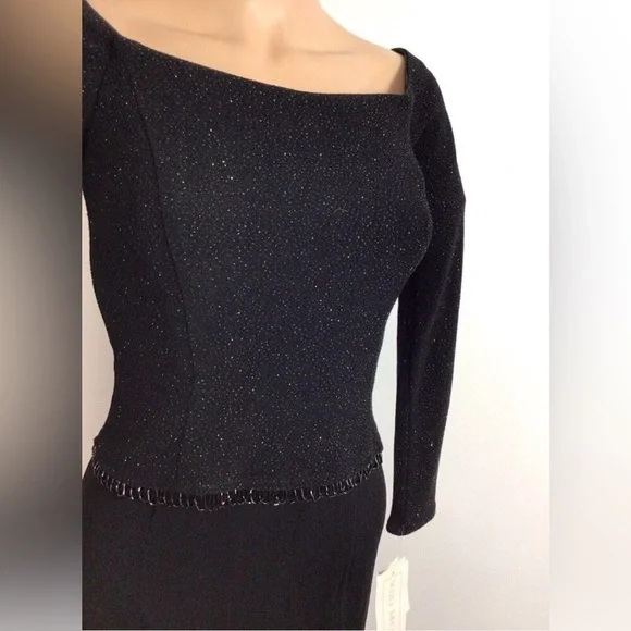 Scott McClintock Black Evening Dress Gown Petite 8 NWT Glitter Long Sleeve